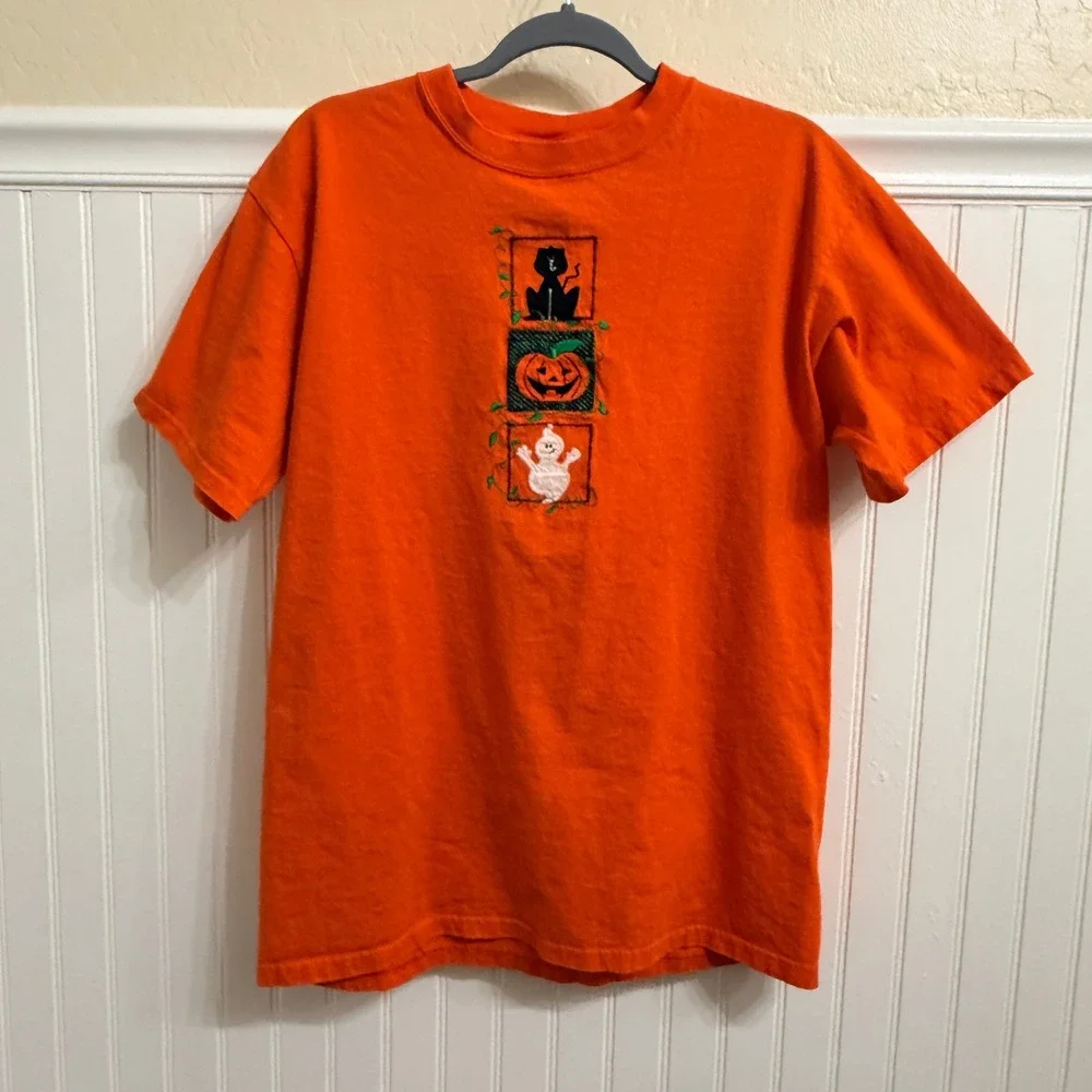 Anvil Vintage Embroidered Halloween Stacked Trio Crew T Shirt, Orange,L